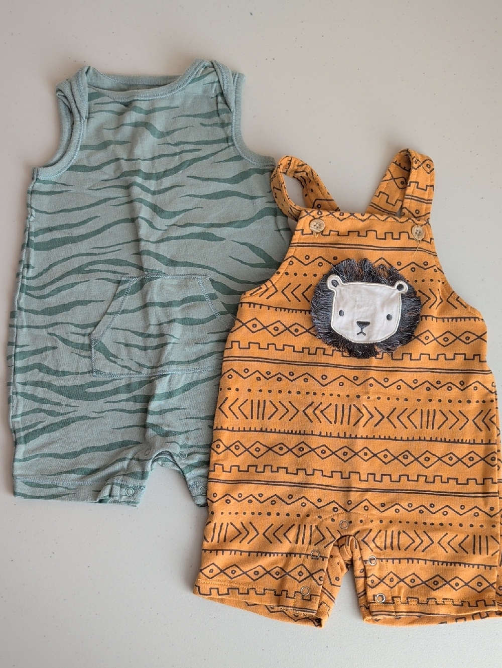 GAP Kids Two Pack Rompers - Teal Zebra & Mustard Lion Overalls